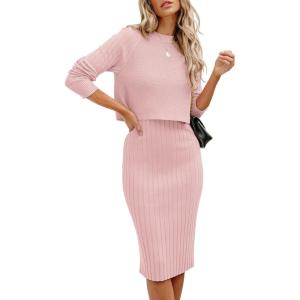 image:imageANRABESS Womens 2 Piece Outfits Sweater Dresses Set Midi Skirt Sets Long Sleeve Crop Top Bodycon Ribbed Knit Dress 2025 FallPink