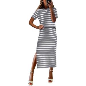 image:imageANRABESS Womens 2 Piece Skirt SetsStriped Knit Sweater Midi DressComfy CuteLounge Casual Travel for Summer or Early FallGrey White