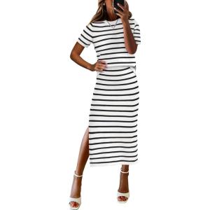 image:imageANRABESS Womens 2 Piece Skirt SetsStriped Knit Sweater Midi DressComfy CuteLounge Casual Travel for Summer or Early FallWhite Black