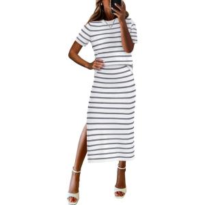 image:imageANRABESS Womens 2 Piece Skirt SetsStriped Knit Sweater Midi DressComfy CuteLounge Casual Travel for Summer or Early FallWhite Grey Stripe