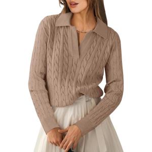 image:imageANRABESS Womens Cable Knit Sweaters Long Sleeve V Neck Sweater Tops Casual Pullover Polo Shirts 2025 Fall Fashion OutfitsKhaki