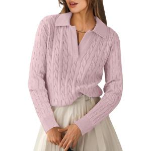 image:imageANRABESS Womens Cable Knit Sweaters Long Sleeve V Neck Sweater Tops Casual Pullover Polo Shirts 2025 Fall Fashion OutfitsPink