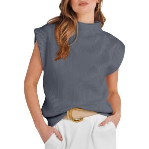 image:imageANRABESS Womens Mock Neck Sleeveless Sweater Vest Casual Cap Sleeve Knit Pullover Tank Tops 2026 Fall ClothesDeep Grey