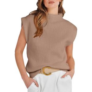 image:imageANRABESS Womens Mock Neck Sleeveless Sweater Vest Casual Cap Sleeve Knit Pullover Tank Tops 2026 Fall ClothesKhaki