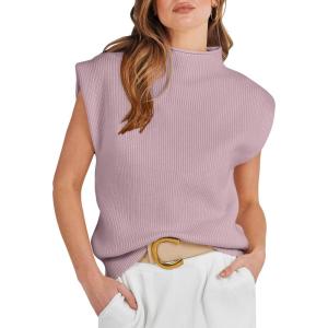 image:imageANRABESS Womens Mock Neck Sleeveless Sweater Vest Casual Cap Sleeve Knit Pullover Tank Tops 2026 Fall ClothesLight Pink