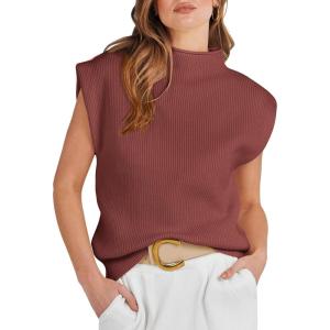 image:imageANRABESS Womens Mock Neck Sleeveless Sweater Vest Casual Cap Sleeve Knit Pullover Tank Tops 2026 Fall ClothesMaroon