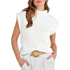 image:imageANRABESS Womens Mock Neck Sleeveless Sweater Vest Casual Cap Sleeve Knit Pullover Tank Tops 2026 Fall ClothesWhite