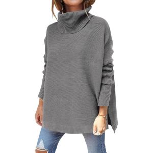 image:imageANRABESS Womens Oversized Turtleneck Batwing Sleeve Spilt Casual Loose Knit Tunic Pullover Sweater Tops 2025 Fall OutfitsDark Gray