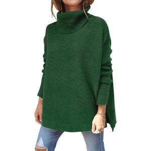 image:imageANRABESS Womens Oversized Turtleneck Batwing Sleeve Spilt Casual Loose Knit Tunic Pullover Sweater Tops 2025 Fall OutfitsDeep Green