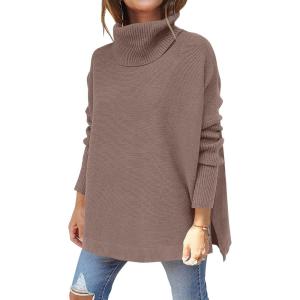 image:imageANRABESS Womens Oversized Turtleneck Batwing Sleeve Spilt Casual Loose Knit Tunic Pullover Sweater Tops 2025 Fall OutfitsLight Brown