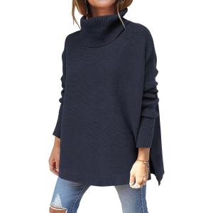 image:imageANRABESS Womens Oversized Turtleneck Batwing Sleeve Spilt Casual Loose Knit Tunic Pullover Sweater Tops 2025 Fall OutfitsNavy Blue
