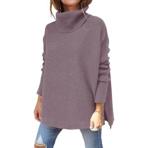 image:imageANRABESS Womens Oversized Turtleneck Batwing Sleeve Spilt Casual Loose Knit Tunic Pullover Sweater Tops 2025 Fall OutfitsPurple