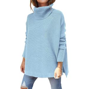 image:imageANRABESS Womens Oversized Turtleneck Batwing Sleeve Spilt Casual Loose Knit Tunic Pullover Sweater Tops 2025 Fall OutfitsSky