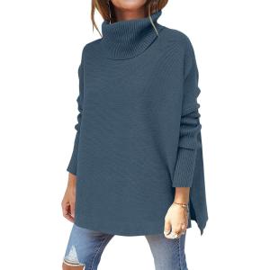 image:imageANRABESS Womens Oversized Turtleneck Batwing Sleeve Spilt Casual Loose Knit Tunic Pullover Sweater Tops 2025 Fall OutfitsTeal