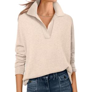 image:imageANRABESS Womens Polo V Neck Long Sleeve Sweaters Lightweight Dressy Casual Business Basic Knit Pullover Top 2026 Fall OutfitsAlmond