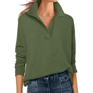 image:imageANRABESS Womens Polo V Neck Long Sleeve Sweaters Lightweight Dressy Casual Business Basic Knit Pullover Top 2026 Fall OutfitsArmy Green