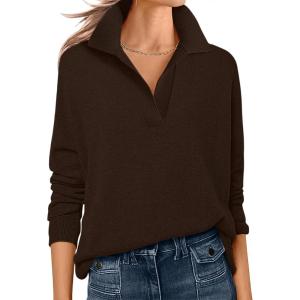 image:imageANRABESS Womens Polo V Neck Long Sleeve Sweaters Lightweight Dressy Casual Business Basic Knit Pullover Top 2026 Fall OutfitsCoffee