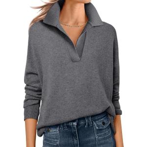 image:imageANRABESS Womens Polo V Neck Long Sleeve Sweaters Lightweight Dressy Casual Business Basic Knit Pullover Top 2026 Fall OutfitsDark Gray