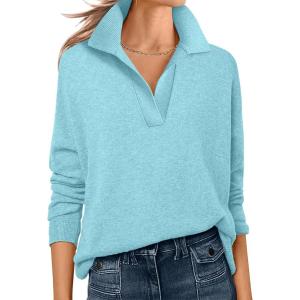 image:imageANRABESS Womens Polo V Neck Long Sleeve Sweaters Lightweight Dressy Casual Business Basic Knit Pullover Top 2026 Fall OutfitsLight Blue