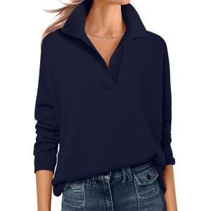image:imageANRABESS Womens Polo V Neck Long Sleeve Sweaters Lightweight Dressy Casual Business Basic Knit Pullover Top 2026 Fall OutfitsNavy Blue