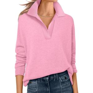 image:imageANRABESS Womens Polo V Neck Long Sleeve Sweaters Lightweight Dressy Casual Business Basic Knit Pullover Top 2026 Fall OutfitsPink