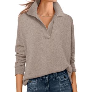 image:imageANRABESS Womens Polo V Neck Long Sleeve Sweaters Lightweight Dressy Casual Business Basic Knit Pullover Top 2026 Fall OutfitsTan