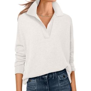 image:imageANRABESS Womens Polo V Neck Long Sleeve Sweaters Lightweight Dressy Casual Business Basic Knit Pullover Top 2026 Fall OutfitsWhite