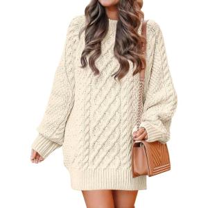 image:imageANRABESS Womens Sweater Dress Oversized Cable Knit Chunky Long Sleeve Short Dresses 2025 Fall Outfits Vacation Winter ClothesBeige