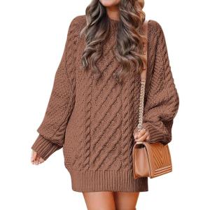 image:imageANRABESS Womens Sweater Dress Oversized Cable Knit Chunky Long Sleeve Short Dresses 2025 Fall Outfits Vacation Winter ClothesBrown