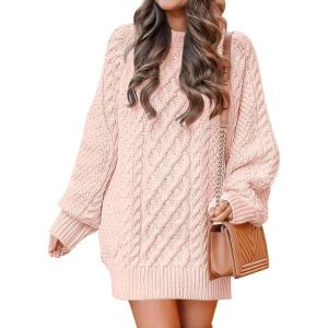 image:imageANRABESS Womens Sweater Dress Oversized Cable Knit Chunky Long Sleeve Short Dresses 2025 Fall Outfits Vacation Winter ClothesPink