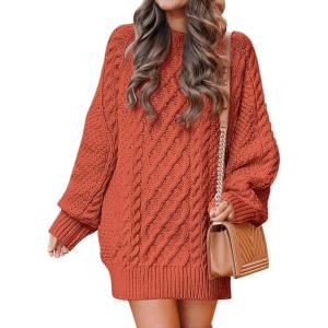 image:imageANRABESS Womens Sweater Dress Oversized Cable Knit Chunky Long Sleeve Short Dresses 2025 Fall Outfits Vacation Winter ClothesRust Orange