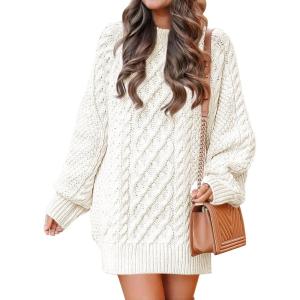 image:imageANRABESS Womens Sweater Dress Oversized Cable Knit Chunky Long Sleeve Short Dresses 2025 Fall Outfits Vacation Winter ClothesWhite