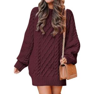 image:imageANRABESS Womens Sweater Dress Oversized Cable Knit Chunky Long Sleeve Short Dresses 2025 Fall Outfits Vacation Winter ClothesWine Red