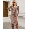 image:imageANRABESS Womens 34 Sleeve Striped Slit Midi T Shirt Dresses 2026 Summer Casual Beach Vacation Clothes Spring Travel SundressBrown White Stripe