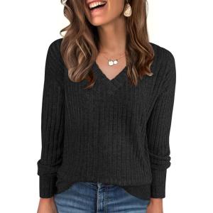 image:imageANRABESS Long Sleeve Shirts for Women V Neck Casual Fall Tops Loose Fit Lightweight Sweaters Tunic Fashion 2025 ClothesBlack