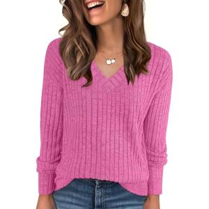 image:imageANRABESS Long Sleeve Shirts for Women V Neck Casual Fall Tops Loose Fit Lightweight Sweaters Tunic Fashion 2025 ClothesHot Pink
