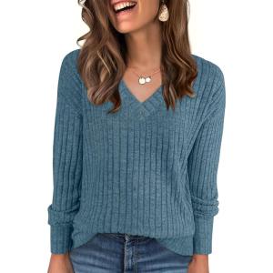 image:imageANRABESS Long Sleeve Shirts for Women V Neck Casual Fall Tops Loose Fit Lightweight Sweaters Tunic Fashion 2025 ClothesLake Blue