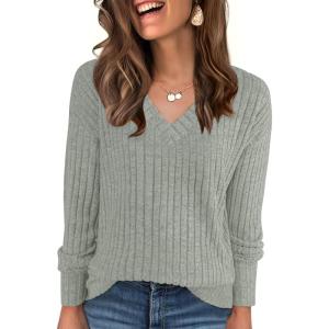image:imageANRABESS Long Sleeve Shirts for Women V Neck Casual Fall Tops Loose Fit Lightweight Sweaters Tunic Fashion 2025 ClothesLight Green