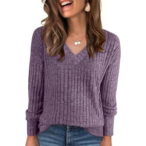 image:imageANRABESS Long Sleeve Shirts for Women V Neck Casual Fall Tops Loose Fit Lightweight Sweaters Tunic Fashion 2025 ClothesPurple