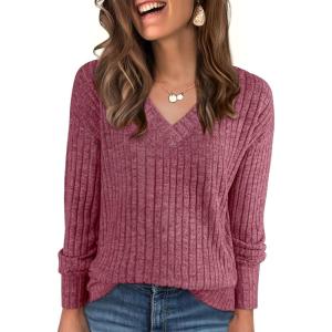 image:imageANRABESS Long Sleeve Shirts for Women V Neck Casual Fall Tops Loose Fit Lightweight Sweaters Tunic Fashion 2025 ClothesRed