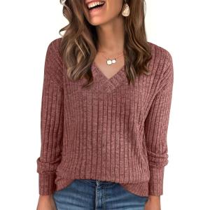 image:imageANRABESS Long Sleeve Shirts for Women V Neck Casual Fall Tops Loose Fit Lightweight Sweaters Tunic Fashion 2025 ClothesRust