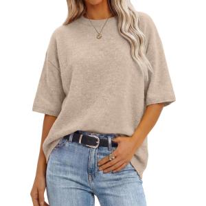 image:imageANRABESS Short Sleeve Sweater for Women Oversized Lightweight Casual Work Top Shirts Knit Crewneck 2026 Spring Summer OutfitsBeige