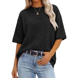image:imageANRABESS Short Sleeve Sweater for Women Oversized Lightweight Casual Work Top Shirts Knit Crewneck 2026 Spring Summer OutfitsBlack