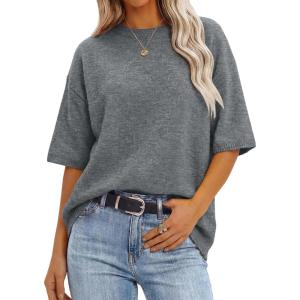 image:imageANRABESS Short Sleeve Sweater for Women Oversized Lightweight Casual Work Top Shirts Knit Crewneck 2026 Spring Summer OutfitsGray