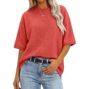 image:imageANRABESS Short Sleeve Sweater for Women Oversized Lightweight Casual Work Top Shirts Knit Crewneck 2026 Spring Summer OutfitsOrange
