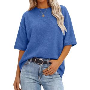 image:imageANRABESS Short Sleeve Sweater for Women Oversized Lightweight Casual Work Top Shirts Knit Crewneck 2026 Spring Summer OutfitsRoyal Blue