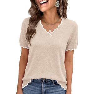 image:imageANRABESS Short Sleeve Sweater for Women V Neck Ribbed Knit Lightweight Sweaters Top 2026 Summer Business Casual Outfits1apricot