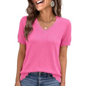 image:imageANRABESS Short Sleeve Sweater for Women V Neck Ribbed Knit Lightweight Sweaters Top 2026 Summer Business Casual OutfitsHot Pink