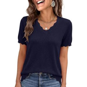 image:imageANRABESS Short Sleeve Sweater for Women V Neck Ribbed Knit Lightweight Sweaters Top 2026 Summer Business Casual OutfitsNavy Blue