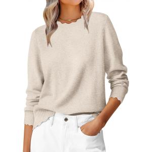 image:imageANRABESS Sweaters for Women Loose Fit Lightweight Soft Dressy Scalloped Long Sleeve Pullover Tops 2026 Fall Casual OutfitsAlmond